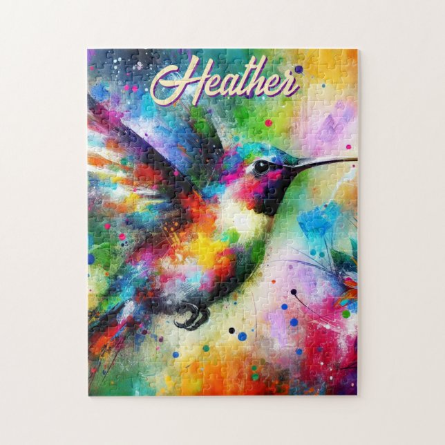 Whimsical Colourful Hummingbird Bird Personalised Jigsaw Puzzle (Vertical)