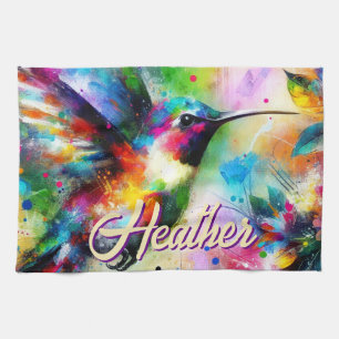 Whimsical Colourful Hummingbird Bird Personalised Tea Towel