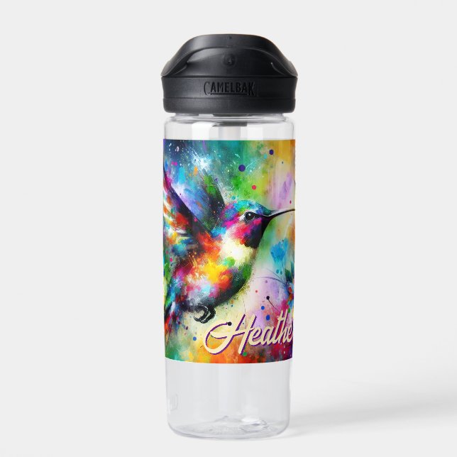 Whimsical Colourful Hummingbird Bird Personalised Water Bottle (Back)