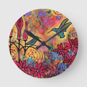 Whimsical, Colourful Hummingbird Fantasy Round Clock