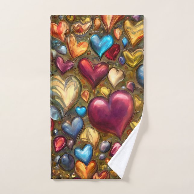 Whimsical Colourful Jewel Toned Heart Print Hand Towel (Hand Towel)