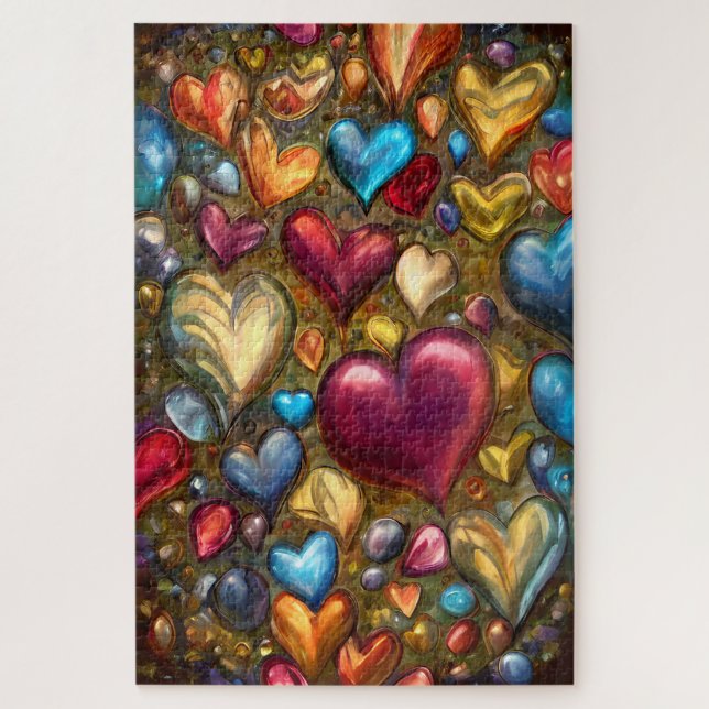 Whimsical Colourful Jewel Toned Heart Print Jigsaw Puzzle (Vertical)