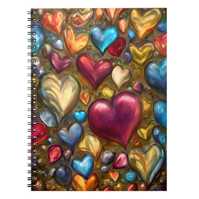 Whimsical Colourful Jewel Toned Heart Print Notebook (Front)
