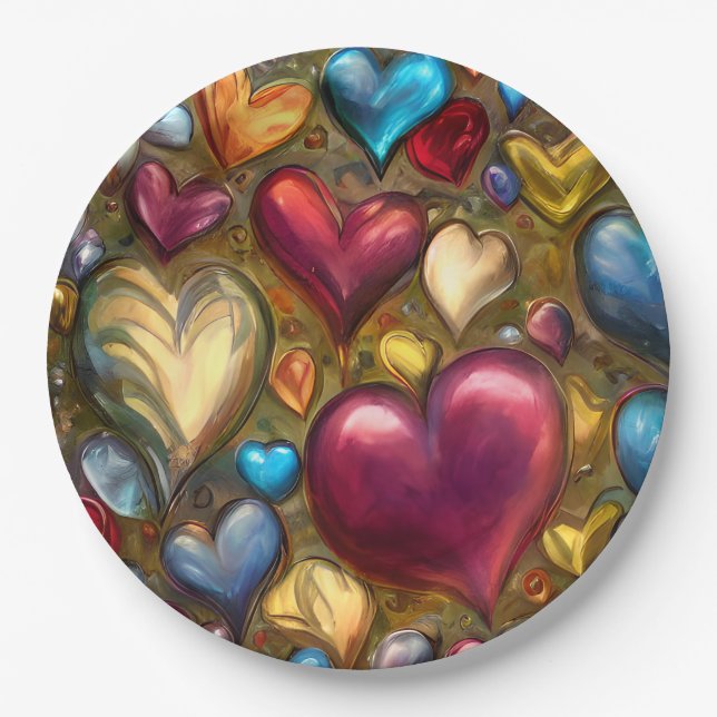 Whimsical Colourful Jewel Toned Heart Print Paper Plate (Front)