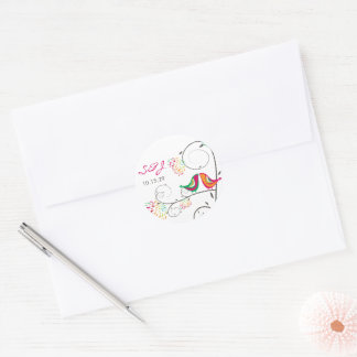 Whimsical Colourful Kissing Summer Birds Wedding Classic Round Sticker