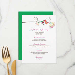 Whimsical Colourful Kissing Summer Birds Wedding Menu