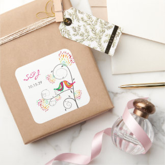 Whimsical Colourful Kissing Summer Birds Wedding Square Sticker