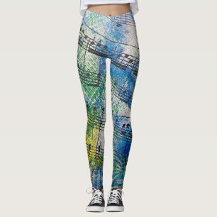 Whimsical Colourful Layered Painted Sheet Music Leggings