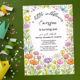 Whimsical Colourful Little Wildflower 1st Birthday Invitation