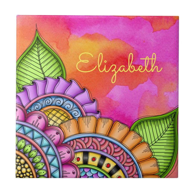 Whimsical Colourful Modern Floral Watercolor Ceramic Tile (Front)