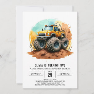 Whimsical Colourful Monster Truck Birthday Invitation