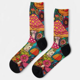 Whimsical Colourful Mushrooms Purple Green Socks