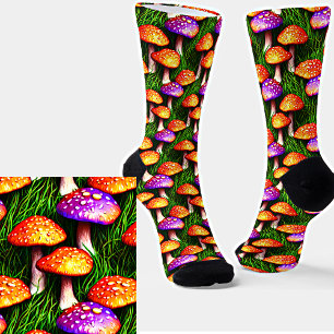 Whimsical Colourful Mushrooms Purple Orange Green  Socks