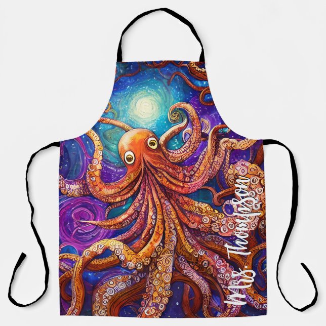 Whimsical Colourful Octopus with Personalised Name Apron (Front)