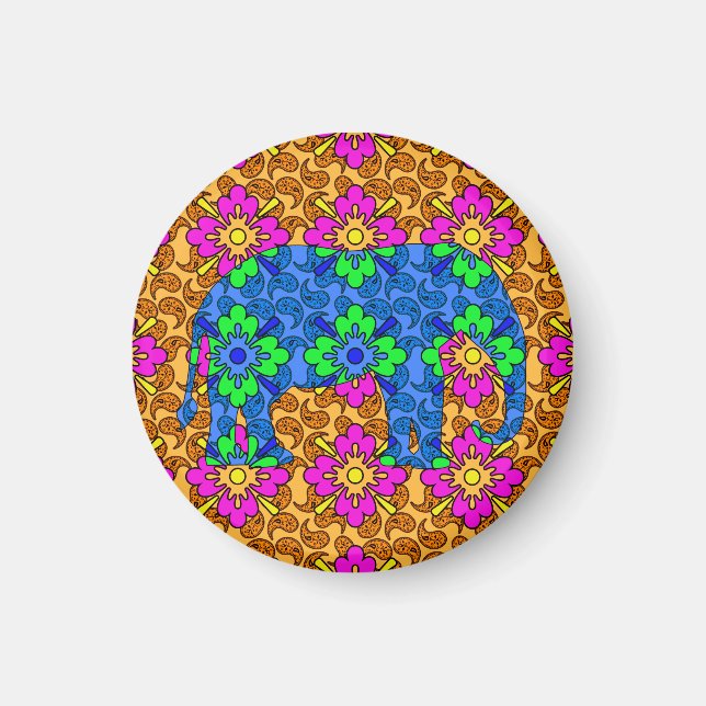 Whimsical Colourful Paisley Print Circus Elephant Magnet (Front)