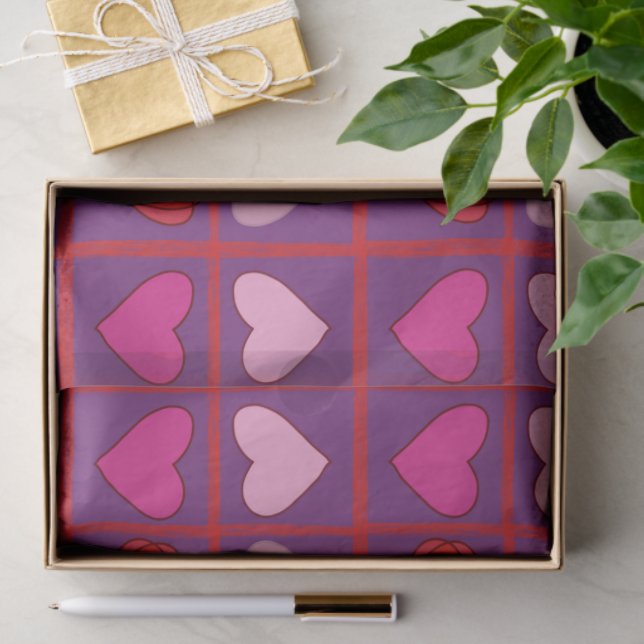 Whimsical Colourful Purple Pink and Red Hearts Tissue Paper (Gift)