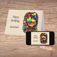 Whimsical Colourful Rooster Cartoon Birthday