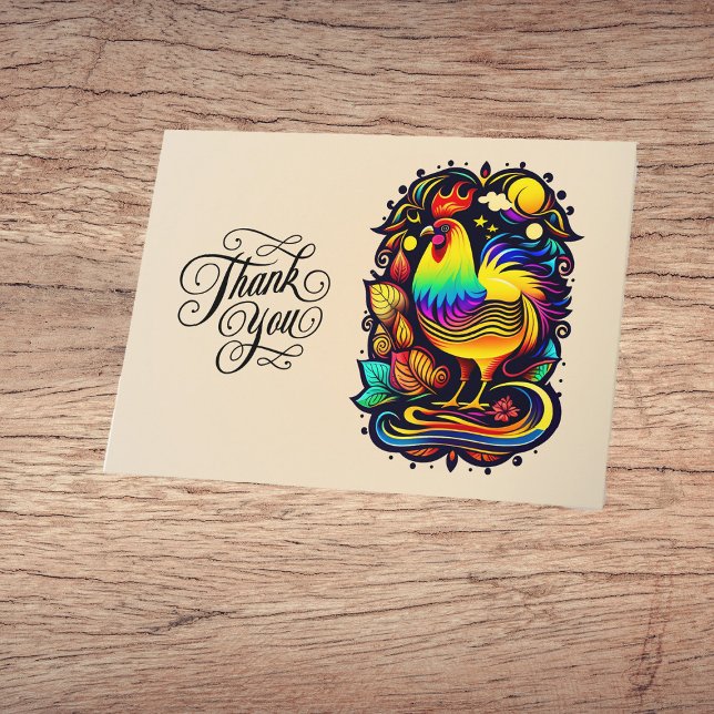 Whimsical Colourful Rooster Cartoon Thank You Card (Creator Uploaded)