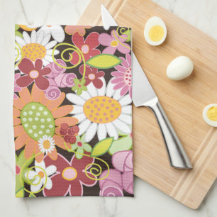 Whimsical Colourful Spring Flowers Floral Garden Tea Towel