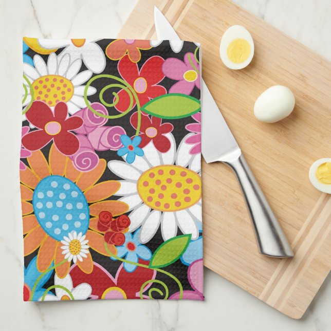 Whimsical Colourful Spring Flowers Garden Kitchen Tea Towel (Quarter Fold)
