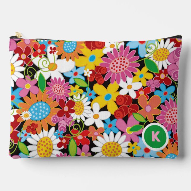 Whimsical Colourful Spring Flowers Garden Monogram Accessory Pouch (Front)