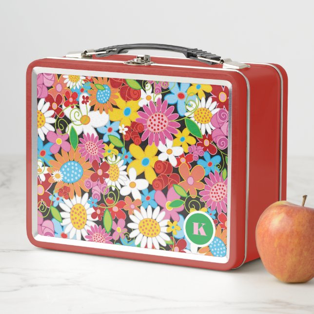 Whimsical Colourful Spring Flowers Garden Monogram Metal Lunch Box (In Situ)
