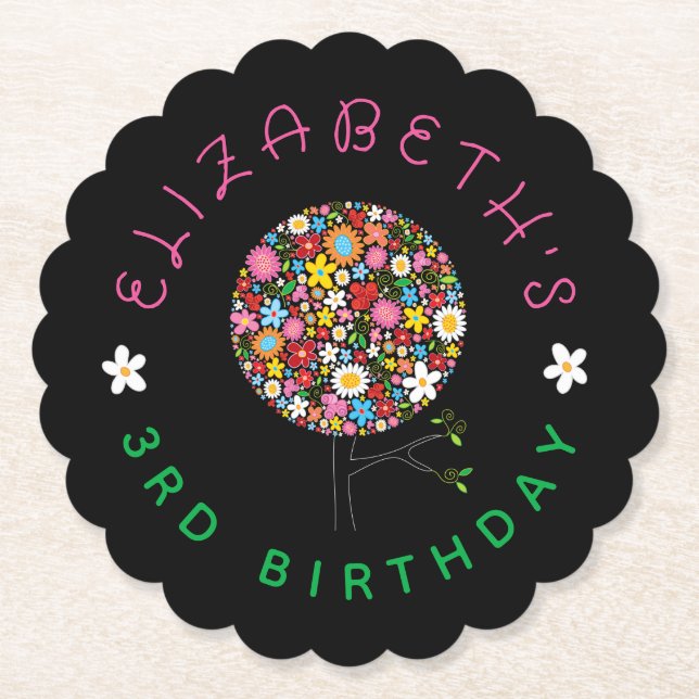 Whimsical Colourful Spring Flowers Pop Tree Party Paper Coaster (Front)