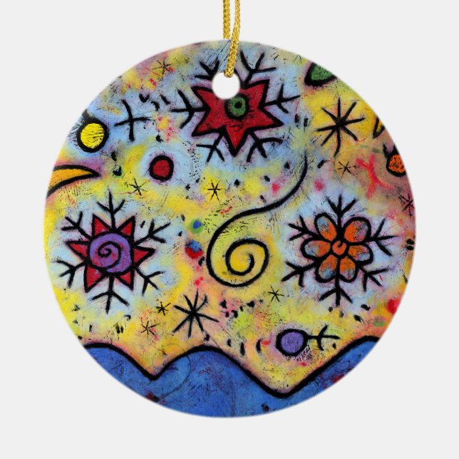 Whimsical Colourful Starry Skies Snowflake Ceramic Ornament (Front)