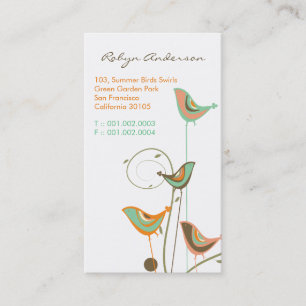 Whimsical Colourful Summer Birds And Swirls Modern Business Card