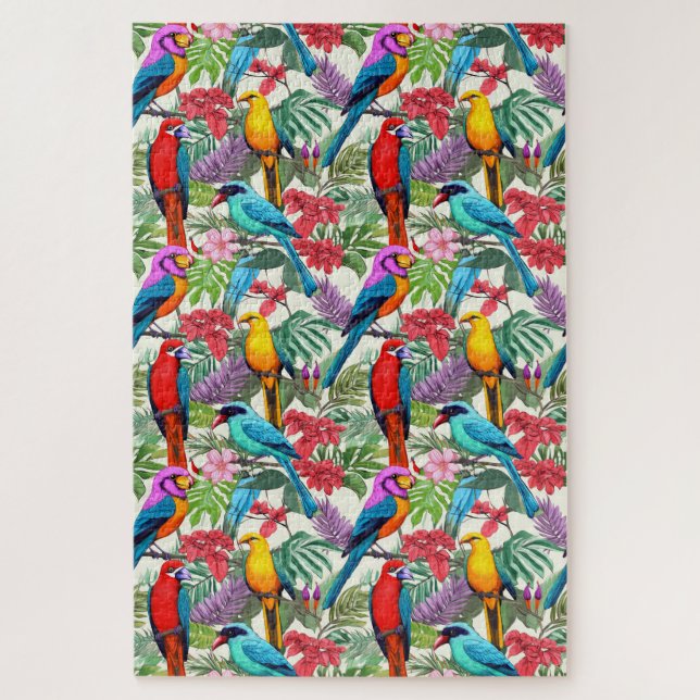 Whimsical Colourful Tropical Jungle Birds Difficul Jigsaw Puzzle (Vertical)