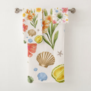 Whimsical Colourful Tropical Nautical Shell Coasta Bath Towel Set