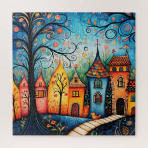 Whimsical Colourful Watercolor Village  Jigsaw Puzzle
