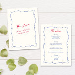 Whimsical Colourful Wavy Border & Script Wedding Menu<br><div class="desc">This delightful wedding menu boasts a whimsical and playful design that features a handwritten script font and a wavy hand-drawn border in stunning shades of colour bright blue and hot pink. The perfect addition to any fun and vibrant wedding celebration, this menu can be customised to meet your personal preferences....</div>