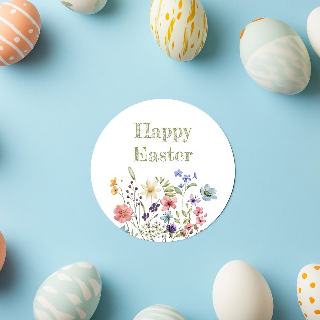 Whimsical Colourful Wildflower Bloom Happy Easter Classic Round Sticker (Creator Uploaded)