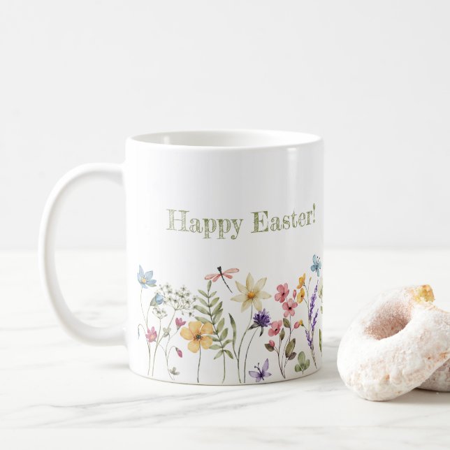 Whimsical Colourful Wildflower Bloom Spring Easter Coffee Mug (With Donut)