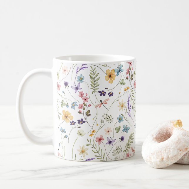 Whimsical Colourful Wildflower Spring Patterns Coffee Mug (With Donut)