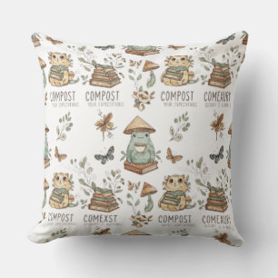 Whimsical "Compost Your Expectations" Frog & Cat P Cushion