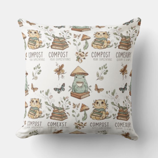 Whimsical "Compost Your Expectations" Frog & Cat P Cushion (Front)