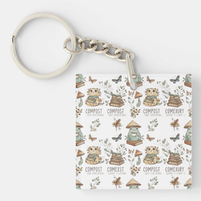 Whimsical "Compost Your Expectations" Frog & Cat P Key Ring (Front)