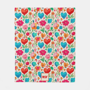 Whimsical coquette hearts, and flowers monogram fleece blanket