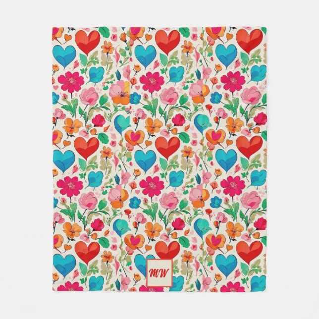 Whimsical coquette hearts, and flowers monogram fleece blanket (Front)