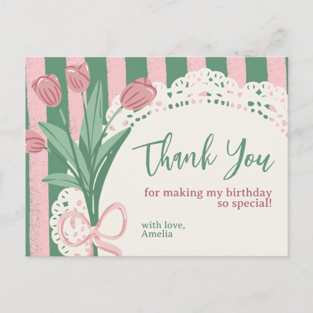 Whimsical Coquette Tulip & Bow Custom Thank You Postcard (Front)