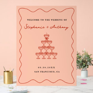 Whimsical Coral and Cherry Red Champagne Wedding Acrylic Sign