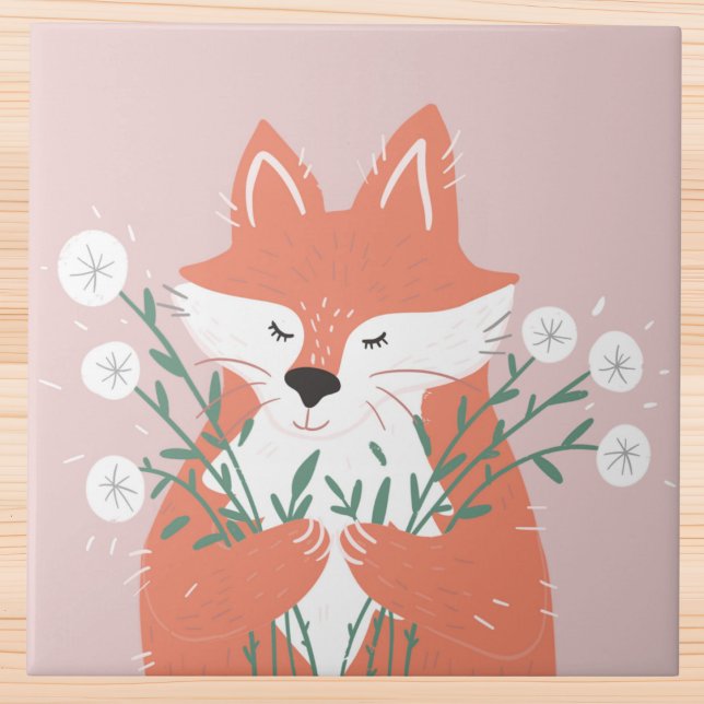 Whimsical Coral Fox with Dandelions Ceramic Tile (Creator Uploaded)