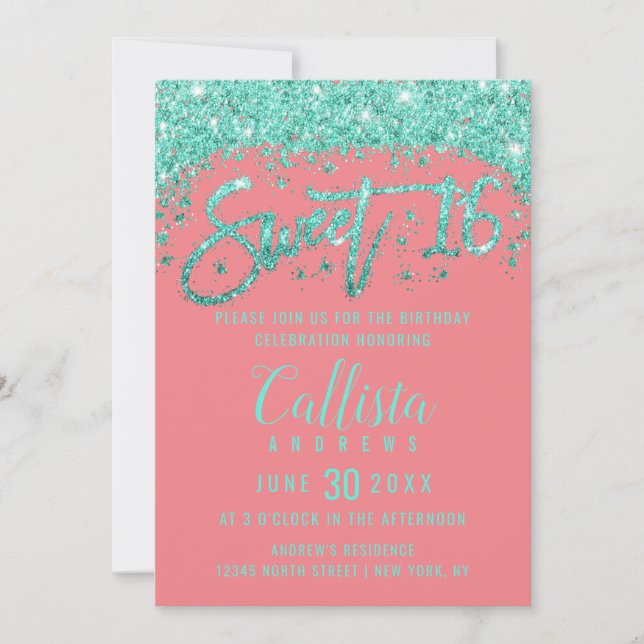 Whimsical Coral Turquoise Glitter Dust Sweet 16 Invitation (Front)