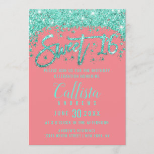 Whimsical Coral Turquoise Glitter Dust Sweet 16 Invitation