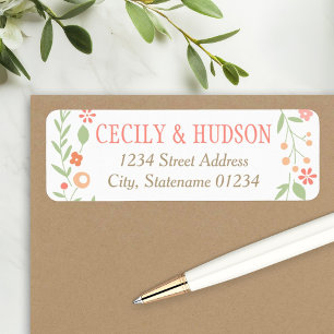 Whimsical Coral Wildflower Wedding Address Return Address Label