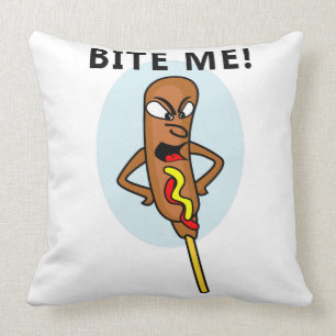 Whimsical Corn Dog with Mustard saying Bite Me Cushion
