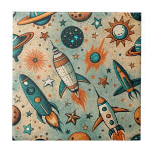 Whimsical Cosmic Rockets Stars Teal Coral Ceramic Tile