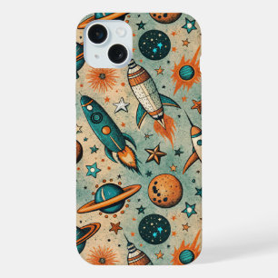 Whimsical Cosmic Rockets Stars Teal Coral iPhone 15 Plus Case